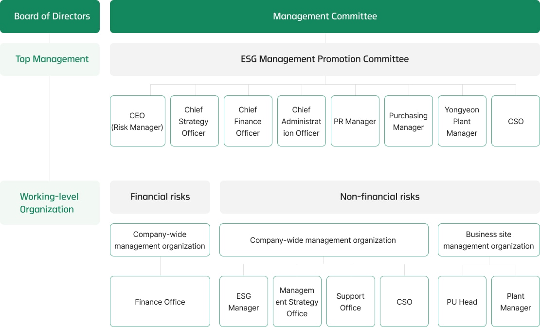 Board of Directors: Management Committee, Top Management: ESG Management Promotion Committee(CEO(Risk Manager), Chief Strategy Officer, Chief Finance Officer, Chief Administration Officer, PR Manager, Purchasing Manager, Yongyeon Plant Manager, CSO), Working-level Organization: 1.Financial risks(Company-wide management organization - Finance Office), 2.Non-financial risks(Company-wide management organization - ESG Manager, Management Strategy Office, Support Office, CSO / Business site management organization - PU Head, Plant Manager)